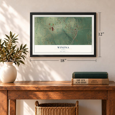 Winona, Texas map, 12 x 18 inch print in a black frame in an entryway
