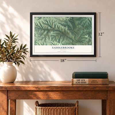 Saddlebrooke, Missouri map, 12 x 18 inch print in a black frame in an entryway