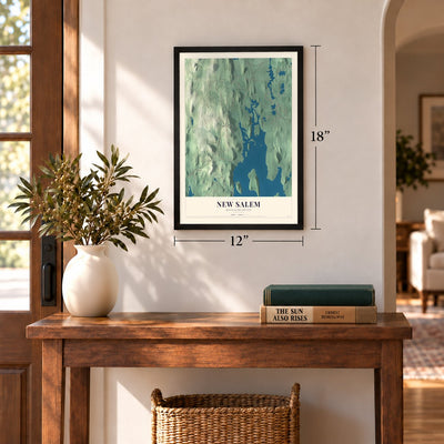 New Salem, Massachusetts map, 12 x 18 inch print in a black frame in an entryway