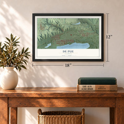 De Pue, Illinois map, 12 x 18 inch print in a black frame in an entryway