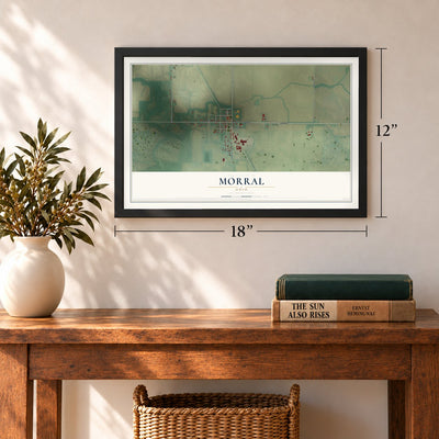 Morral, Ohio map, 12 x 18 inch print in a black frame in an entryway