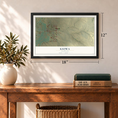 Kiowa, Colorado map, 12 x 18 inch print in a black frame in an entryway