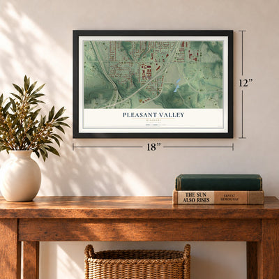 Pleasant Valley, Missouri map, 12 x 18 inch print in a black frame in an entryway