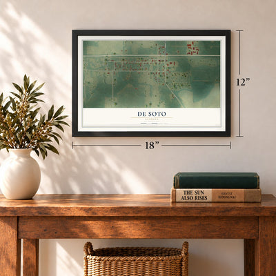 De Soto, Georgia map, 12 x 18 inch print in a black frame in an entryway