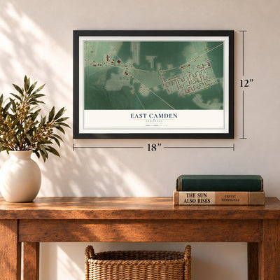 East Camden, Arkansas map, 12 x 18 inch print in a black frame in an entryway