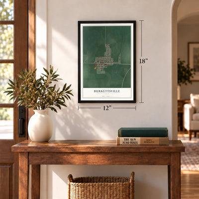 Burkettsville, Ohio map, 12 x 18 inch print in a black frame in an entryway