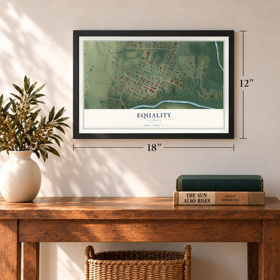 Equality, Illinois map, 12 x 18 inch print in a black frame in an entryway