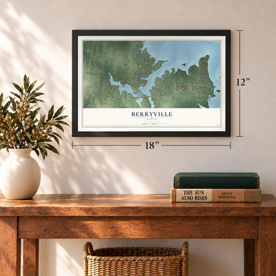 Berryville, Texas map, 12 x 18 inch print in a black frame in an entryway