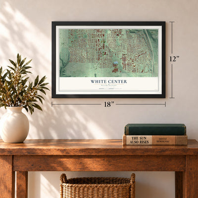 White Center, Washington map, 12 x 18 inch print in a black frame in an entryway