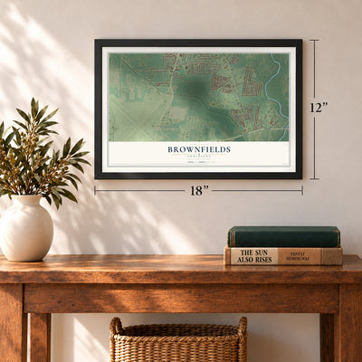 Brownfields, Louisiana map, 12 x 18 inch print in a black frame in an entryway