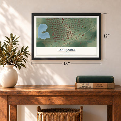 Panhandle, Texas map, 12 x 18 inch print in a black frame in an entryway