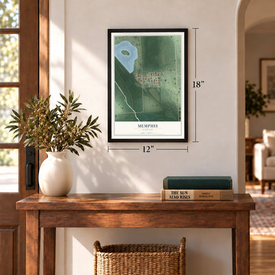 Memphis, Nebraska map, 12 x 18 inch print in a black frame in an entryway