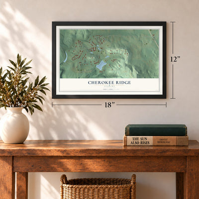 Cherokee Ridge, Alabama map, 12 x 18 inch print in a black frame in an entryway