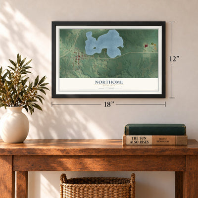 Northome, Minnesota map, 12 x 18 inch print in a black frame in an entryway