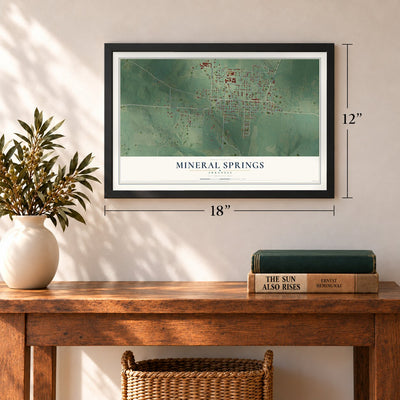 Mineral Springs, Arkansas map, 12 x 18 inch print in a black frame in an entryway