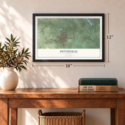 Pittsfield, Illinois map, 12 x 18 inch print in a black frame in an entryway