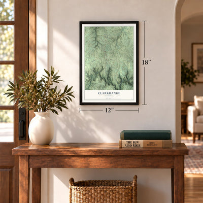 Clarkrange, Tennessee map, 12 x 18 inch print in a black frame in an entryway