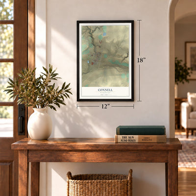 Connell, Washington map, 12 x 18 inch print in a black frame in an entryway