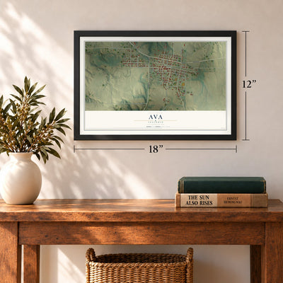 Ava, Illinois map, 12 x 18 inch print in a black frame in an entryway