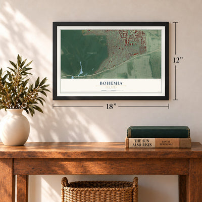 Bohemia, New York map, 12 x 18 inch print in a black frame in an entryway