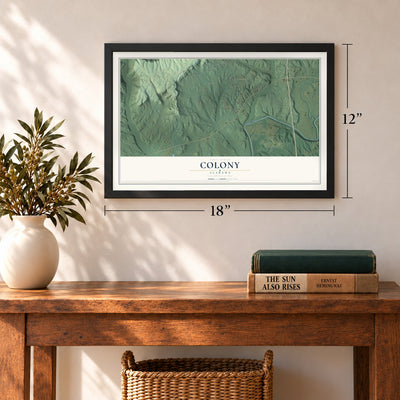 Colony, Alabama map, 12 x 18 inch print in a black frame in an entryway
