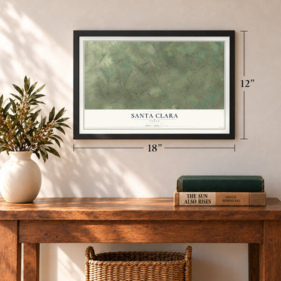 Santa Clara, Texas map, 12 x 18 inch print in a black frame in an entryway