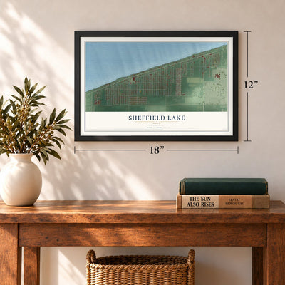 Sheffield Lake, Ohio map, 12 x 18 inch print in a black frame in an entryway