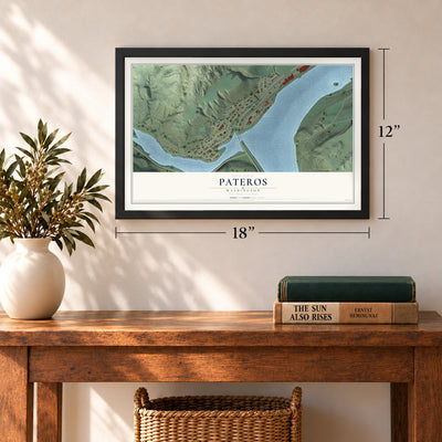 Pateros, Washington map, 12 x 18 inch print in a black frame in an entryway