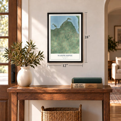 Nasewaupee, Wisconsin map, 12 x 18 inch print in a black frame in an entryway