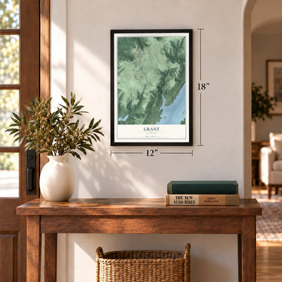 Grant, Alabama map, 12 x 18 inch print in a black frame in an entryway