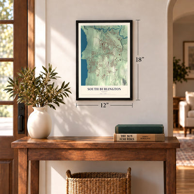 South Burlington, Vermont map, 12 x 18 inch print in a black frame in an entryway