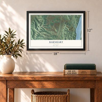 Barnhart, Missouri map, 12 x 18 inch print in a black frame in an entryway