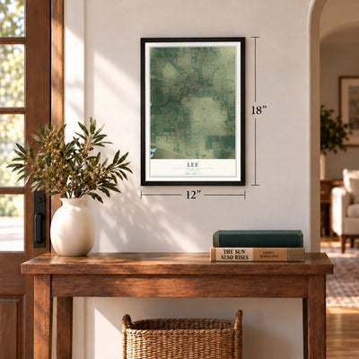 Lee, Florida map, 12 x 18 inch print in a black frame in an entryway