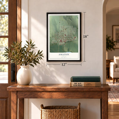 Stratton, Nebraska map, 12 x 18 inch print in a black frame in an entryway