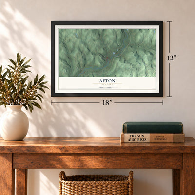 Afton, New York map, 12 x 18 inch print in a black frame in an entryway
