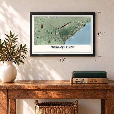 Morgan's Point, Texas map, 12 x 18 inch print in a black frame in an entryway