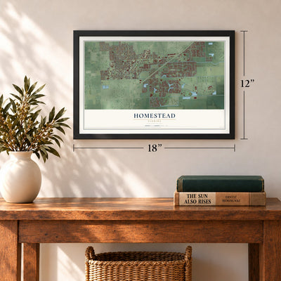 Homestead, Florida map, 12 x 18 inch print in a black frame in an entryway