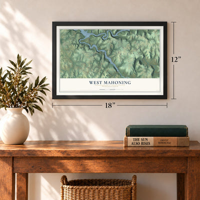 West Mahoning, Pennsylvania map, 12 x 18 inch print in a black frame in an entryway