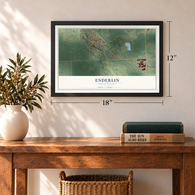 Enderlin, North Dakota map, 12 x 18 inch print in a black frame in an entryway