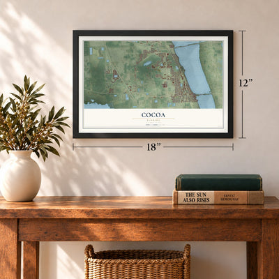 Cocoa, Florida map, 12 x 18 inch print in a black frame in an entryway