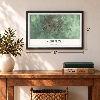 Middletown, Ohio map, 12 x 18 inch print in a black frame in an entryway