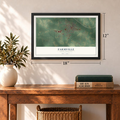 Farmville, North Carolina map, 12 x 18 inch print in a black frame in an entryway