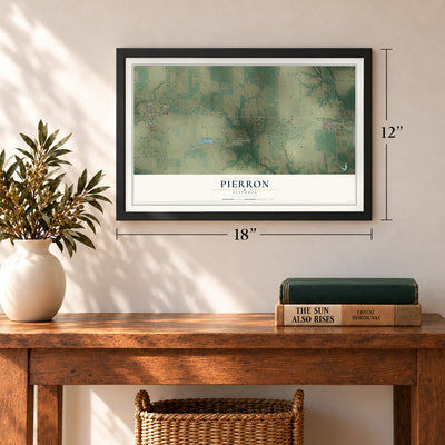 Pierron, Illinois map, 12 x 18 inch print in a black frame in an entryway