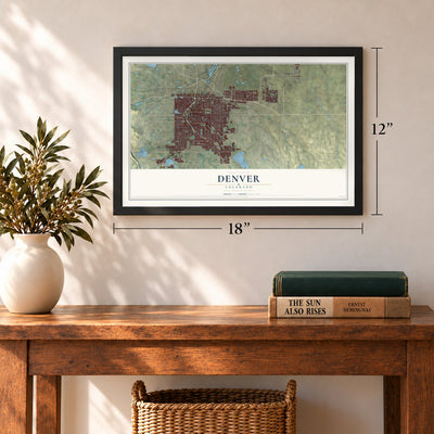 Denver, Colorado map, 12 x 18 inch print in a black frame in an entryway