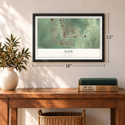 Kane, Pennsylvania map, 12 x 18 inch print in a black frame in an entryway