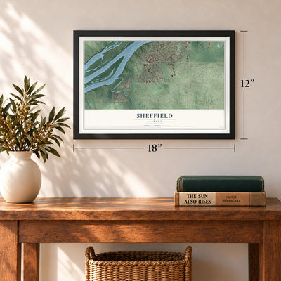 Sheffield, Alabama map, 12 x 18 inch print in a black frame in an entryway