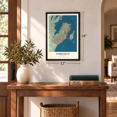Marblehead, Massachusetts map, 12 x 18 inch print in a black frame in an entryway
