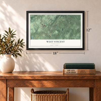 West Vincent, Pennsylvania map, 12 x 18 inch print in a black frame in an entryway