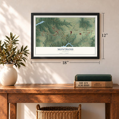 Montross, Virginia map, 12 x 18 inch print in a black frame in an entryway