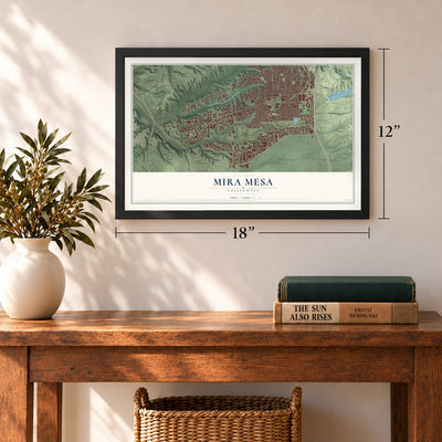Mira Mesa, California map, 12 x 18 inch print in a black frame in an entryway